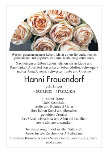 Traueranzeige von Hanni Fraundorf von Südthüringer Presse