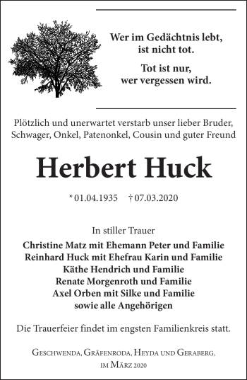 Traueranzeige von Herbert Huck von Südthüringer Presse
