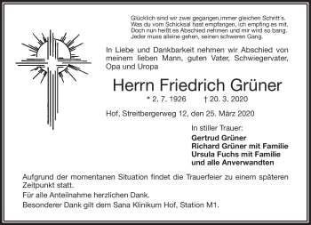 Traueranzeige von Friedrich Grüner von Frankenpost