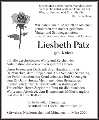 Traueranzeige von Liesbeth Patz von Südthüringer Presse