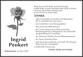 Traueranzeige von Ingrid Penkert von Südthüringer Presse