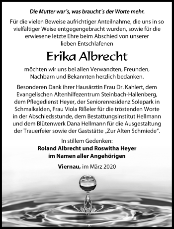 Traueranzeige von Erika Albrecht von Südthüringer Presse