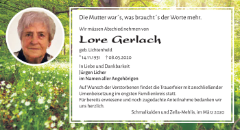 Traueranzeige von Lore Gerlach von Südthüringer Presse