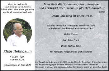 Traueranzeige von Klaus Hohnbaum von Südthüringer Presse