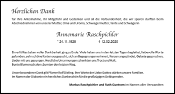 Traueranzeige von Annemarie Raschpichler von Neue Presse Coburg