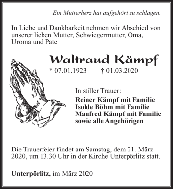 Traueranzeige von Waltraud Kämpf von Südthüringer Presse