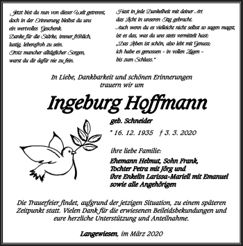 Traueranzeige von Ingeburg Hoffmann von Südthüringer Presse