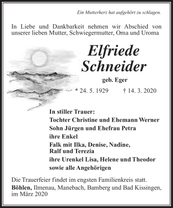 Traueranzeige von Elfriede Schneider von Südthüringer Presse