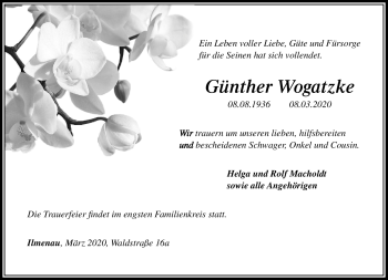Traueranzeige von Günther Wogatzke von Südthüringer Presse