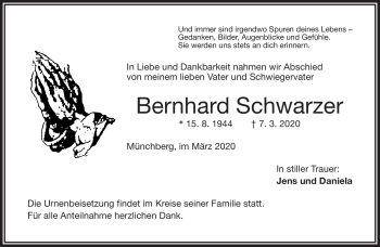 Traueranzeige von Bernhard Schwarzer von Frankenpost