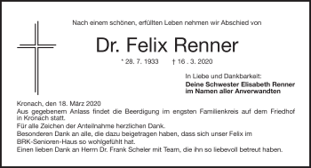 Traueranzeige von Dr. Felix Renner von Neue Presse Coburg