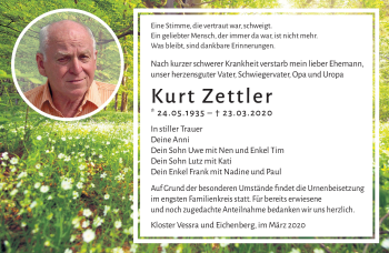 Traueranzeige von Kurt Zettler von Südthüringer Presse