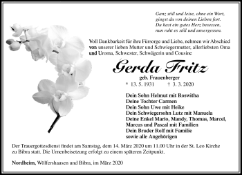 Traueranzeige von Gerda Fritz von Südthüringer Presse