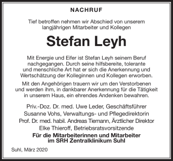 Traueranzeige von Stefan Leyh von Südthüringer Presse