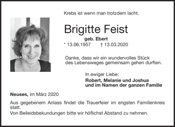 Traueranzeige von Brigitte Feist von Neue Presse Coburg
