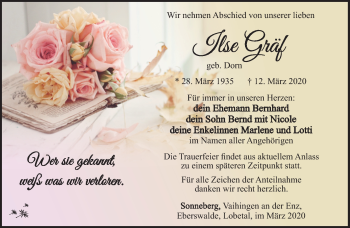 Traueranzeige von Ilse Gräf von Südthüringer Presse