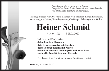 Traueranzeige von Heiner Schmid von Südthüringer Presse