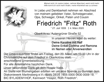Traueranzeige von Friedrich Roth von Frankenpost