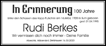 Traueranzeige von Rudi Berkes von Südthüringer Presse
