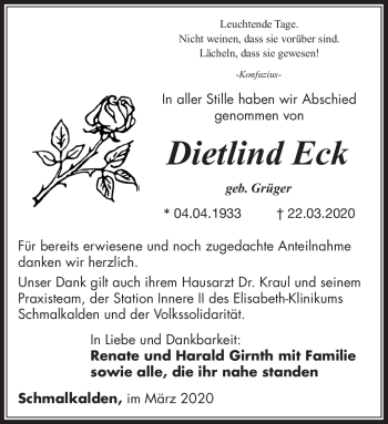 Traueranzeige von Dietlind Eck von Südthüringer Presse