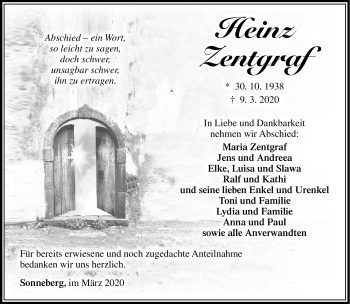 Traueranzeige von Heinz Zentgraf von Südthüringer Presse