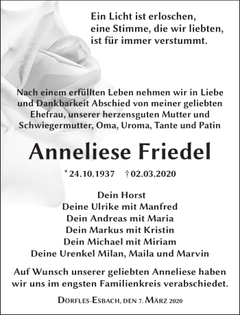 Traueranzeige von Anneliese Friedel von Neue Presse Coburg