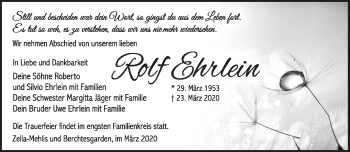 Traueranzeige von Rolf Ehrlein von Südthüringer Presse