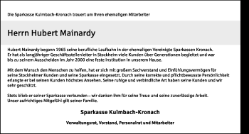 Traueranzeige von Hubert Mainardy von Frankenpost