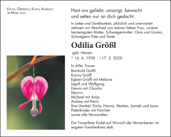 Traueranzeige von Odilia Größl von Südthüringer Presse