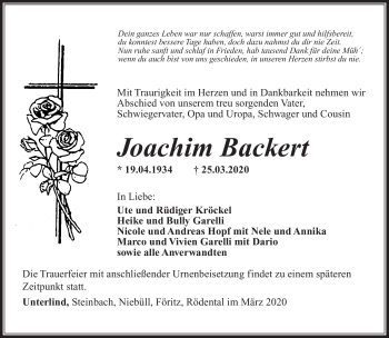 Traueranzeige von Joachim Backert von Südthüringer Presse
