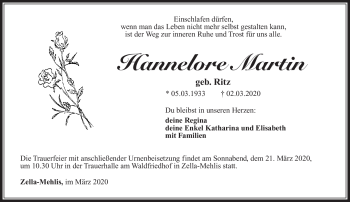 Traueranzeige von Hannelore Martin von Südthüringer Presse