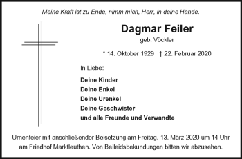 Traueranzeige von Dagmar Feiler von Frankenpost