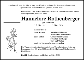 Traueranzeige von Hannelore Rothenberger von Südthüringer Presse