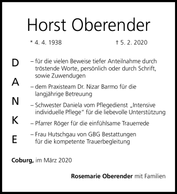 Traueranzeige von Horst Oberender von Neue Presse Coburg