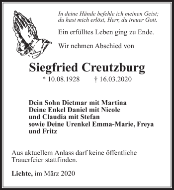 Traueranzeige von Siegfried Creutzburg von Südthüringer Presse
