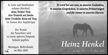 Traueranzeige von Heinz Henkel von Südthüringer Presse