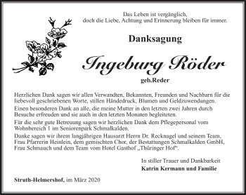 Traueranzeige von Ingeburg Röder von Südthüringer Presse