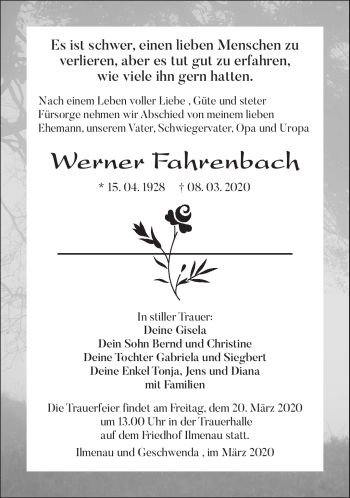 Traueranzeige von Werner Fahrenbach von Südthüringer Presse