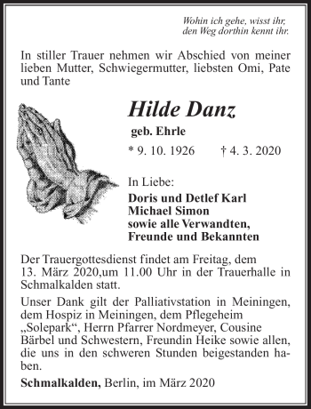 Traueranzeige von Hilde Danz von Südthüringer Presse