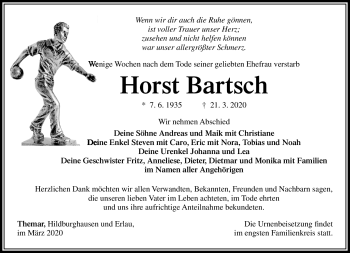 Traueranzeige von Horst Bartsch von Südthüringer Presse