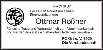 Traueranzeige von Ottmar Roßner von Frankenpost
