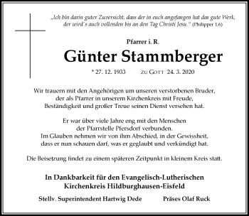 Traueranzeige von Günter Stammberger von Südthüringer Presse