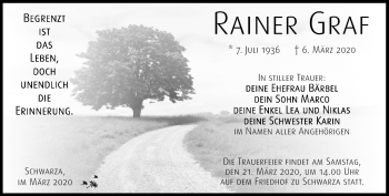 Traueranzeige von Rainer Graf von Südthüringer Presse