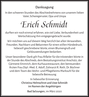 Traueranzeige von Erich Schmidt von Südthüringer Presse