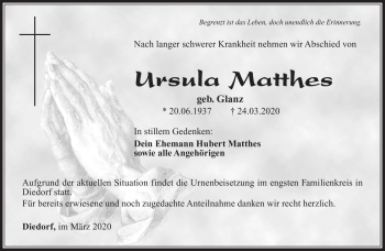 Traueranzeige von Ursula Matthes von Südthüringer Presse