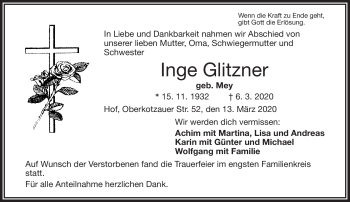 Traueranzeige von Inge Glitzner von Frankenpost
