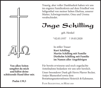 Traueranzeige von Inge Schilling von Südthüringer Presse