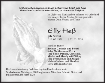 Traueranzeige von Elly Heß von Südthüringer Presse