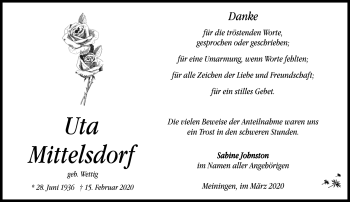 Traueranzeige von Uta Mittelsdorf von Südthüringer Presse