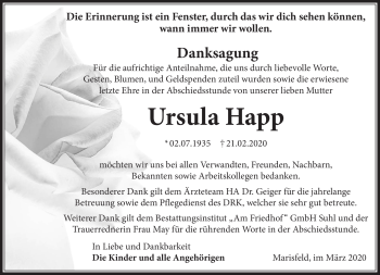 Traueranzeige von Ursula Happ von Südthüringer Presse